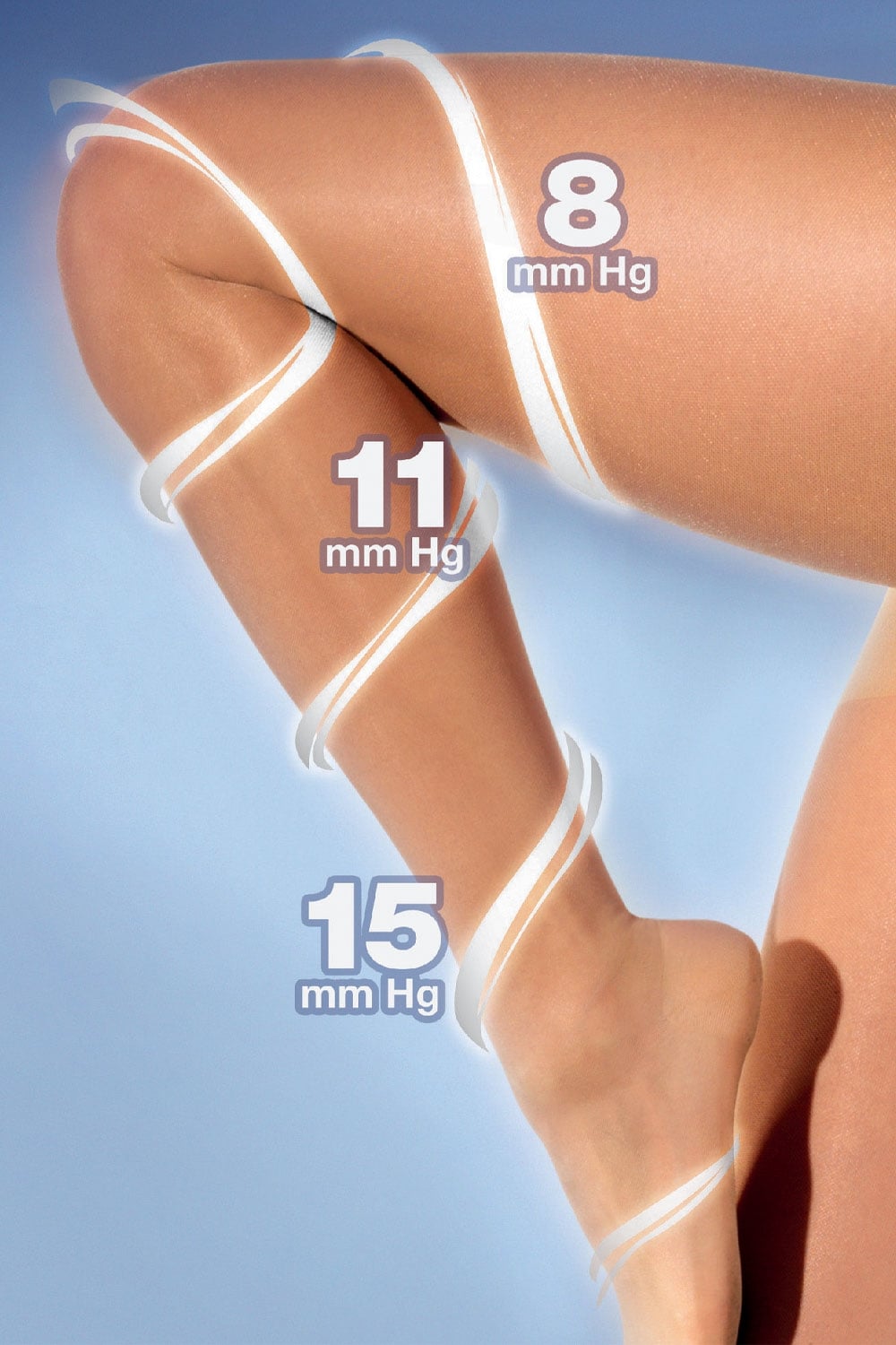 Legs wearing Cette active support 70 tights on a package with a blue background