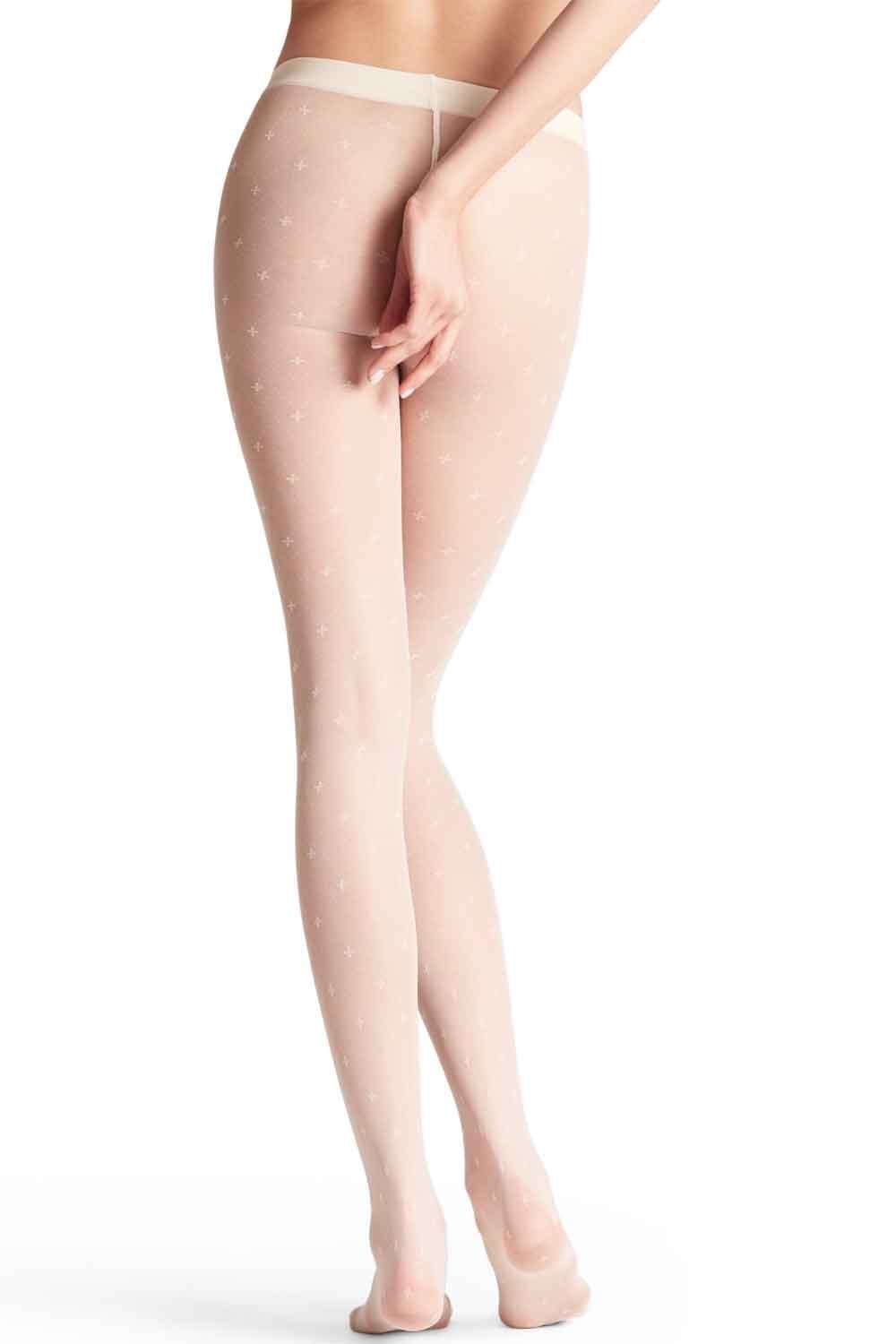 Champagne coloured tights worn by a person on a white background 