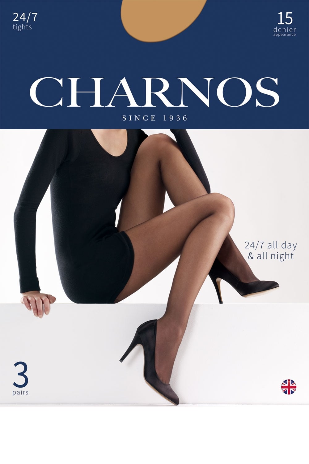 Charnos tights packaging with a model wearing the product on a white background
