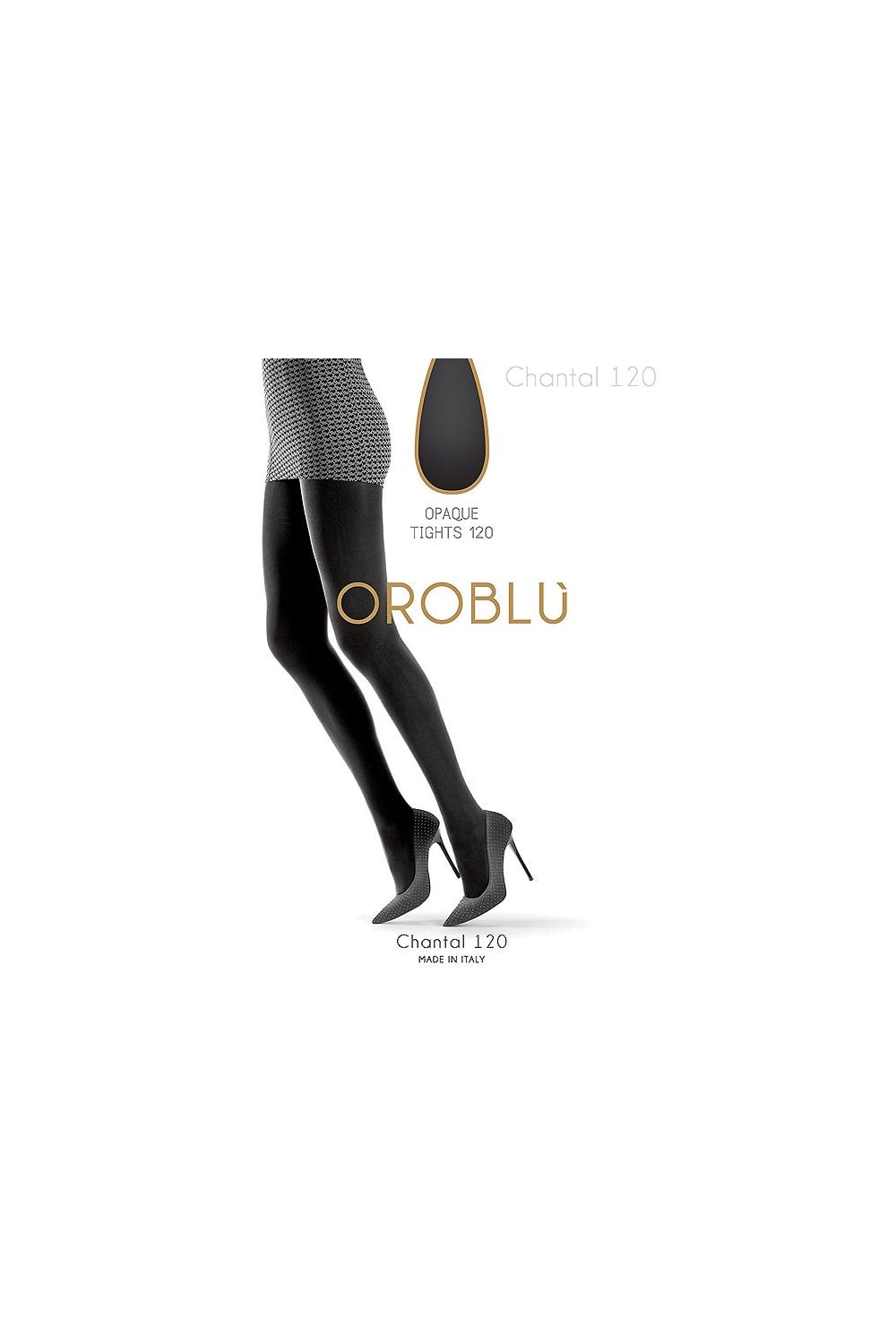Black tights worn with a patterned shoe on a white background, featuring the Oroblu brand.
