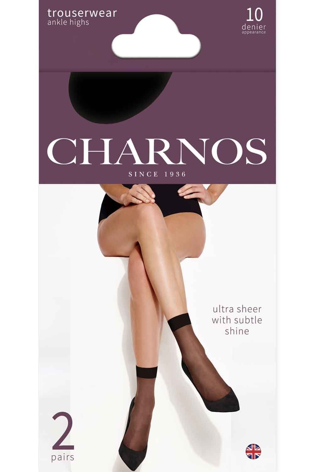 Charnos trouserwear packaging with a model wearing black ankle highs