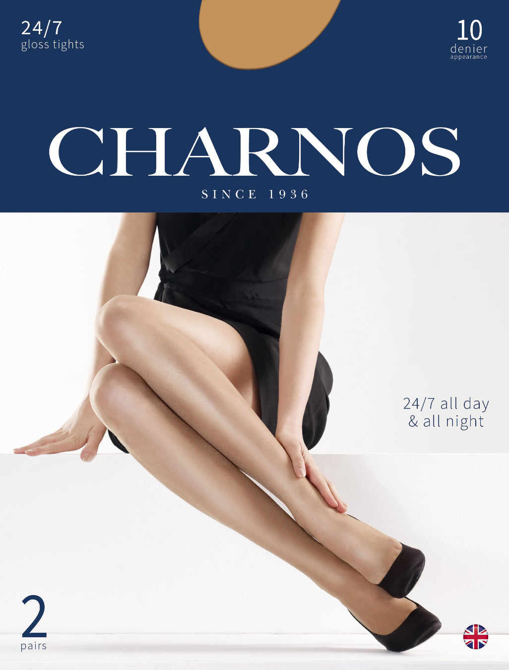 Charnos 24/7 gloss tights packaging with a model wearing the tights.