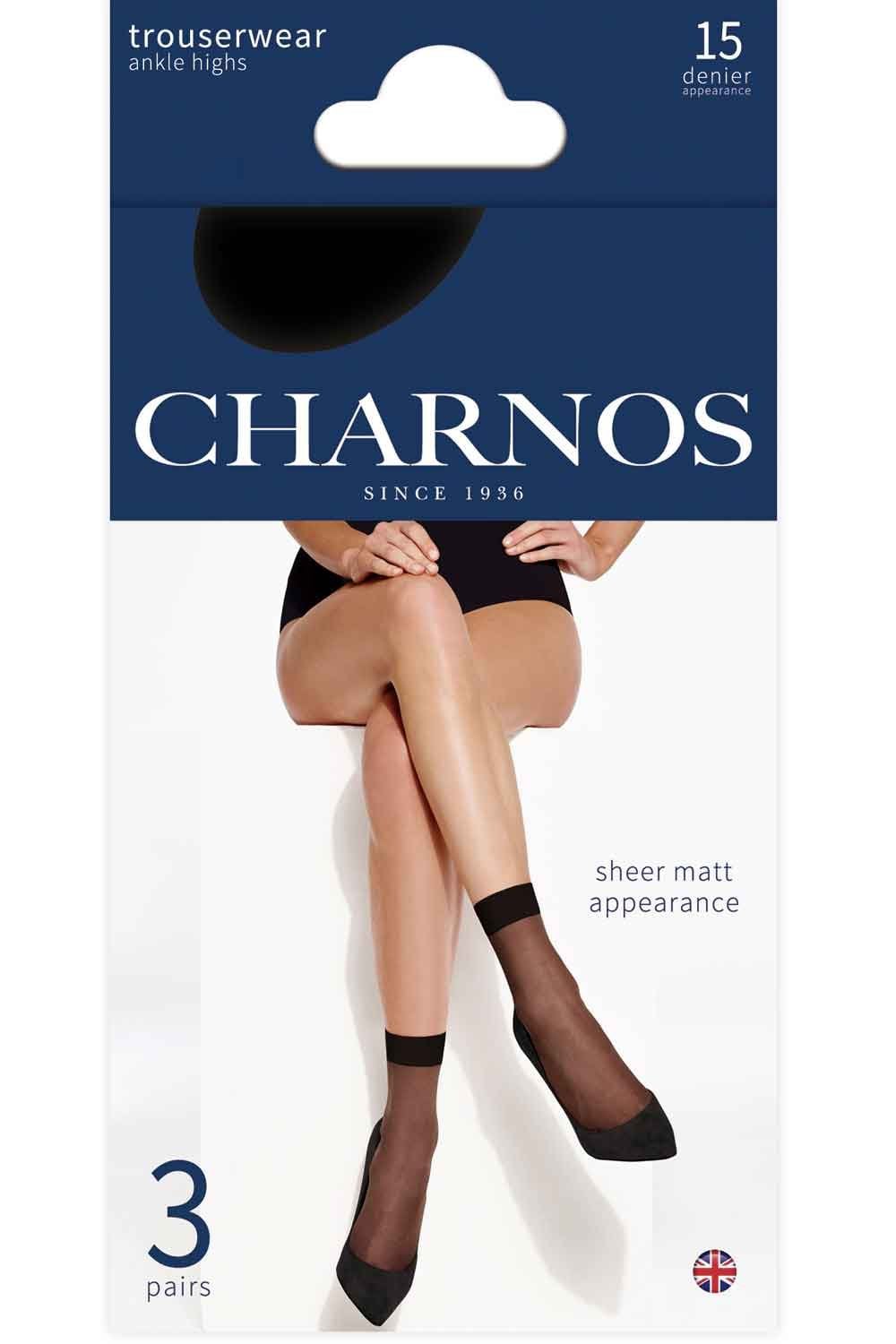 Charnos ankle highs on packaging with a model wearing the product.