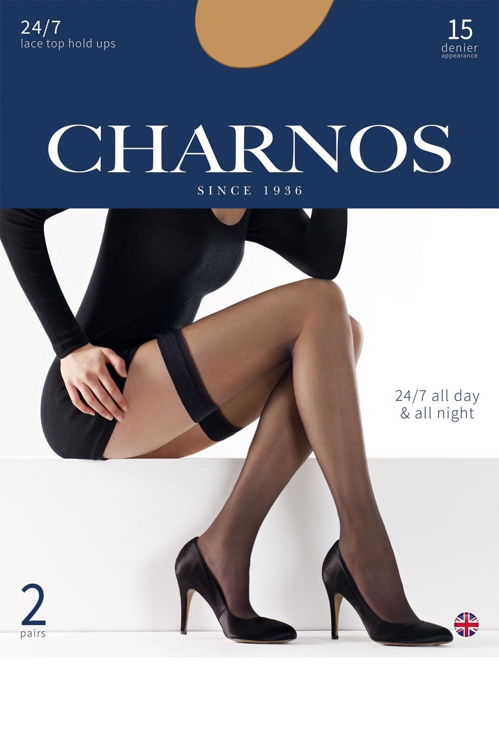 Charnos tights advertisement with a model wearing black hold ups and high heels on a white background.