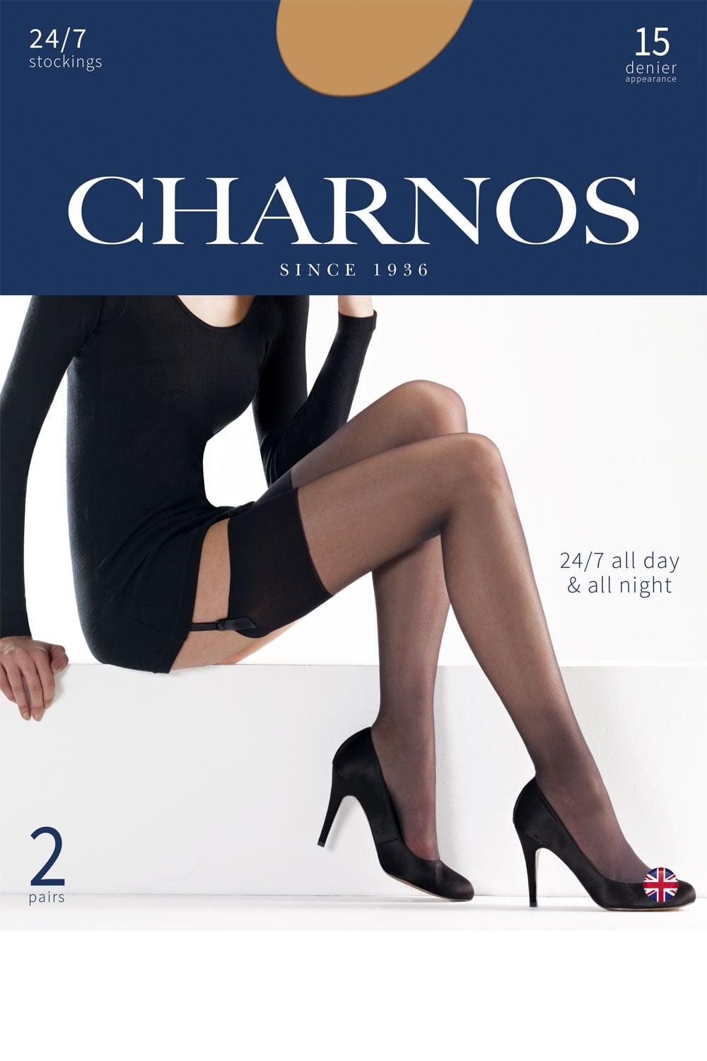 Charnos stockings packaging with a model wearing black stockings on a white background