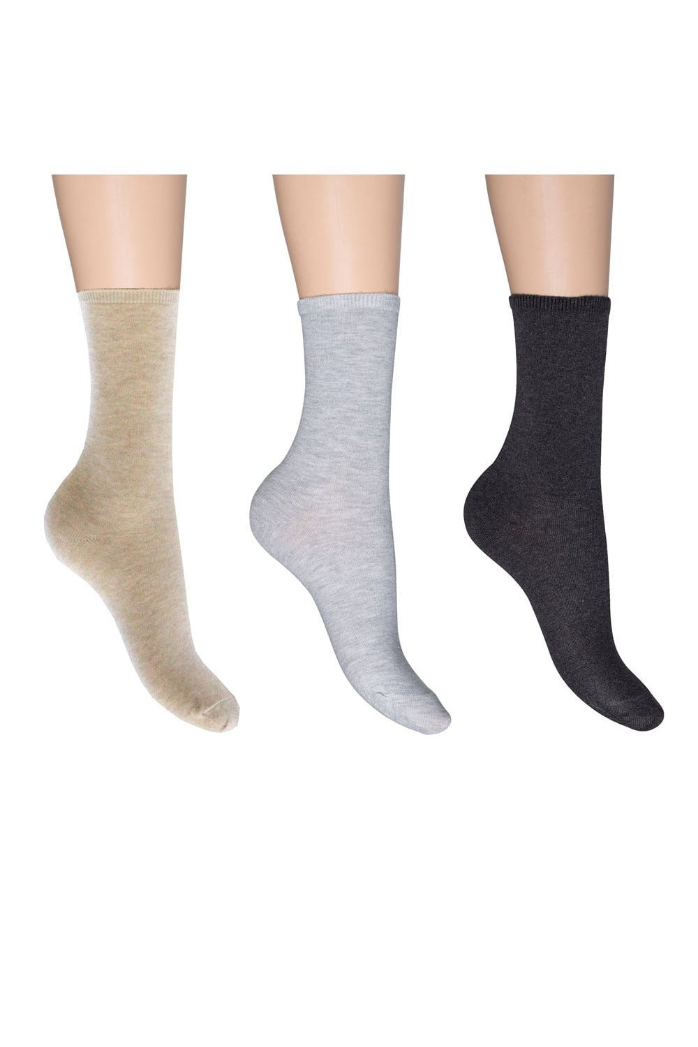 Three pairs of socks in beige, gray, and black on a white background
