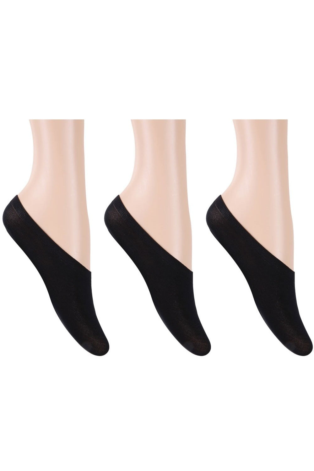 Three pairs of black no-show socks on a white background