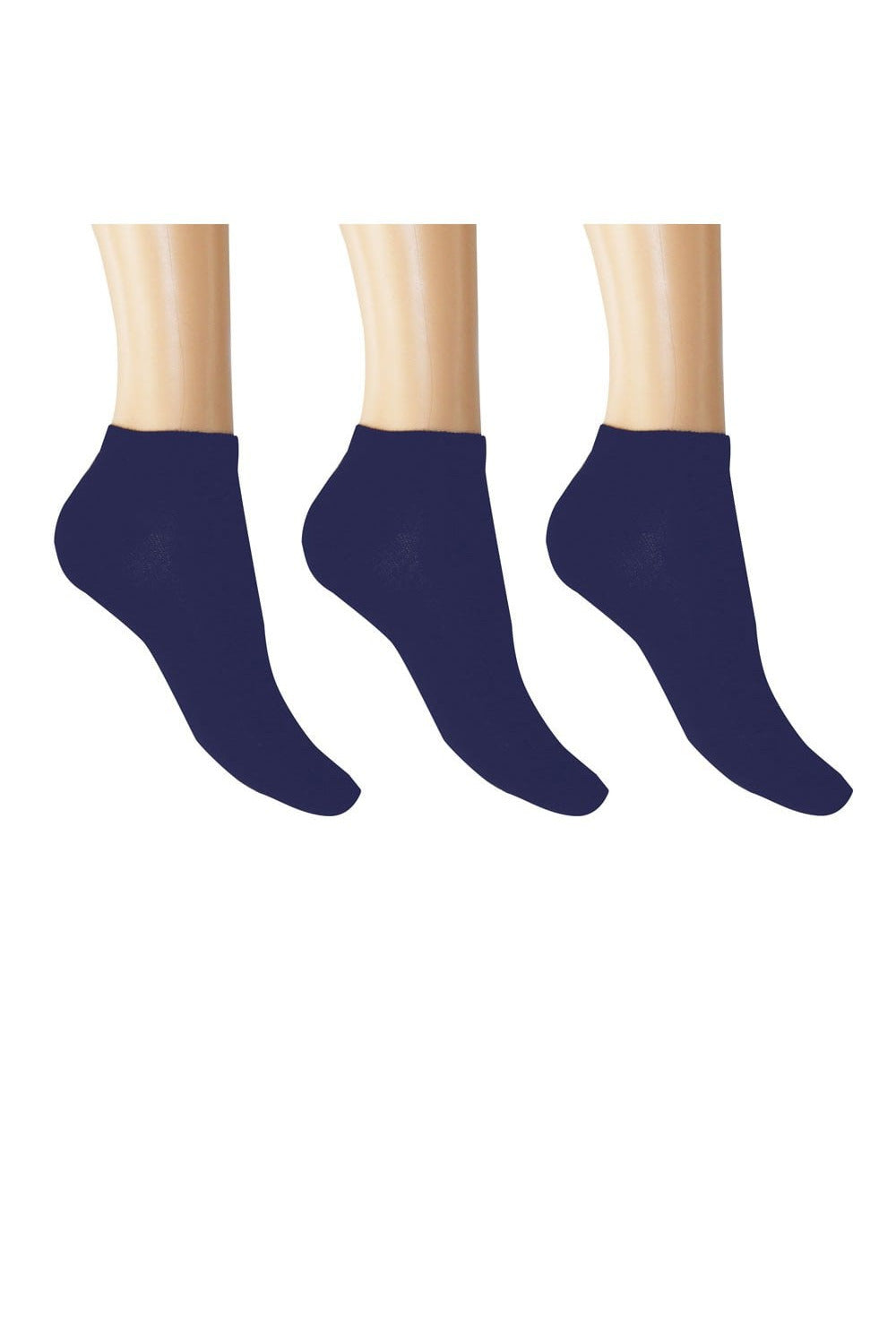 Three pairs of navy blue ankle socks on a white background