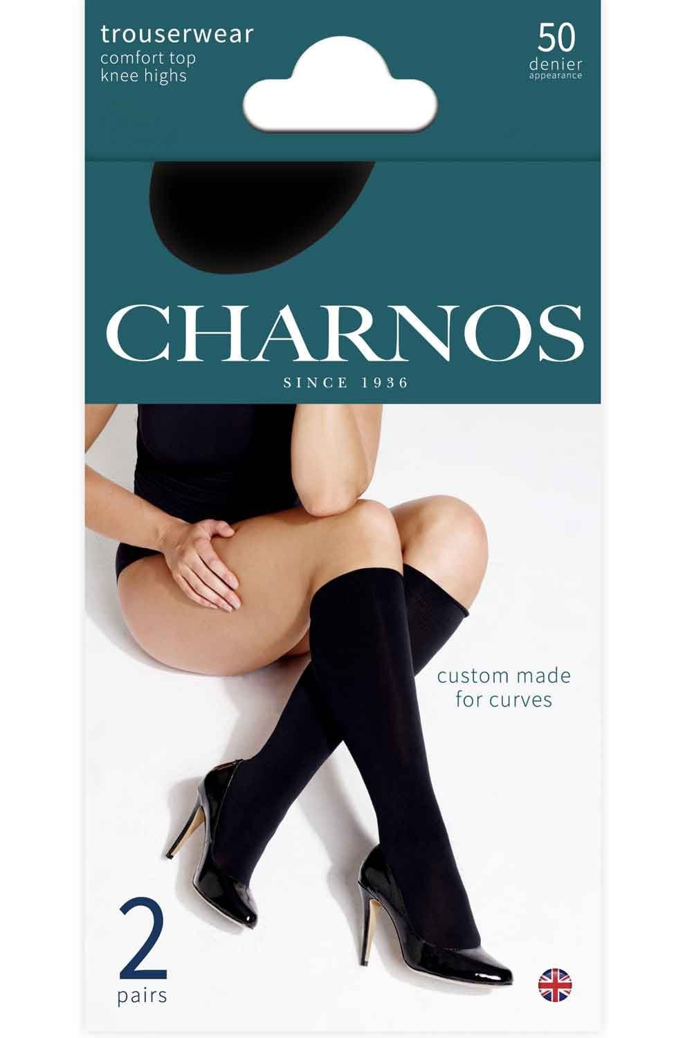 Charnos knee highs packaging with a model wearing black tights and shoes.