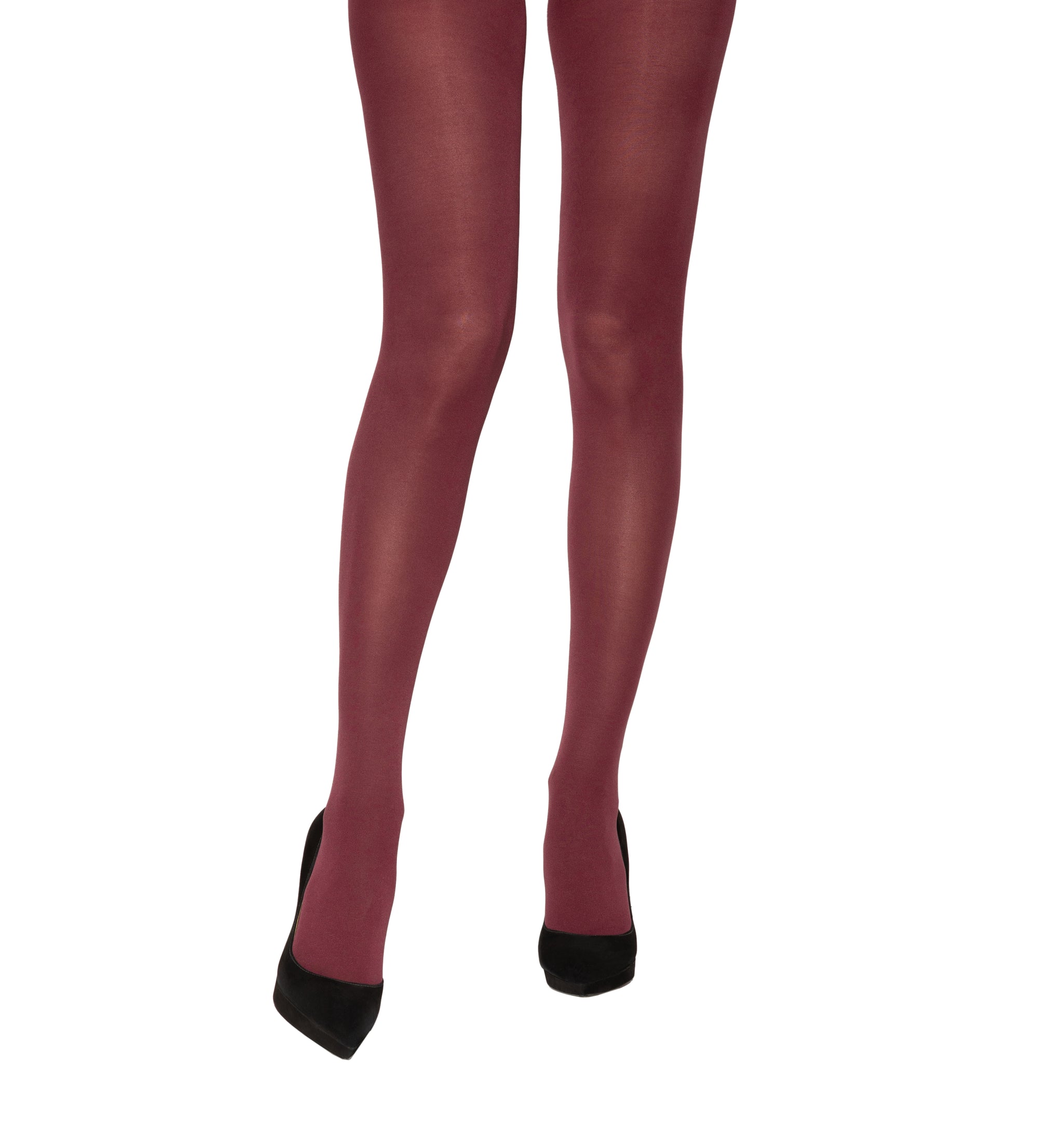 Cherry coloured  tights worn by a person on a white background