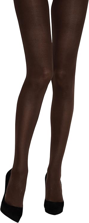 Charnos chocolate brown coloured opaque tights with black shoes on a white background