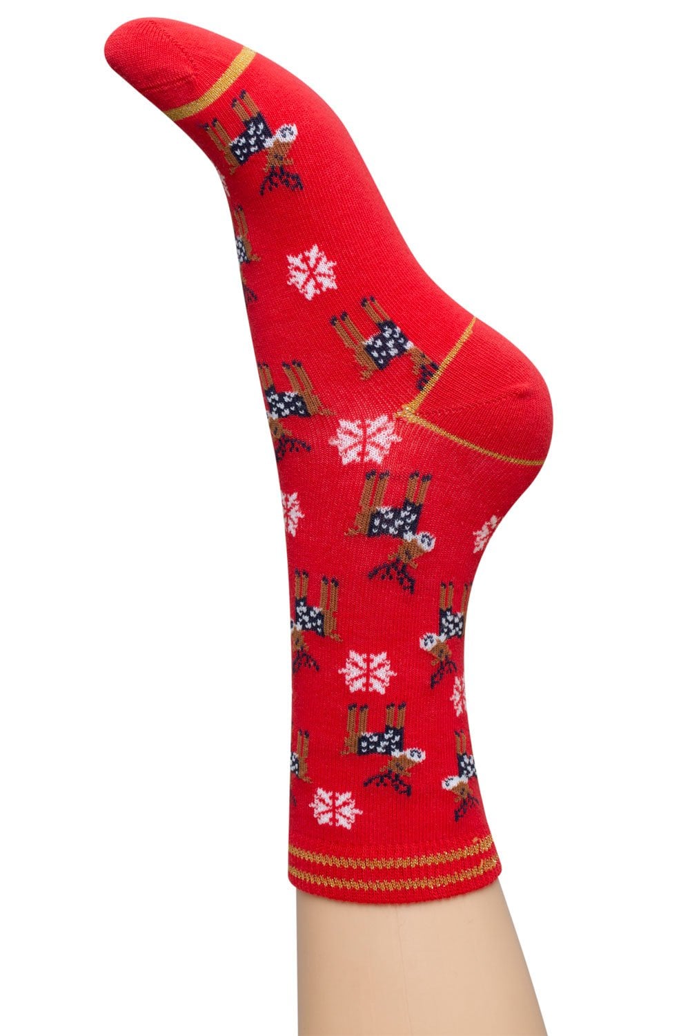 Red sock with reindeer and snowflake pattern on a white background