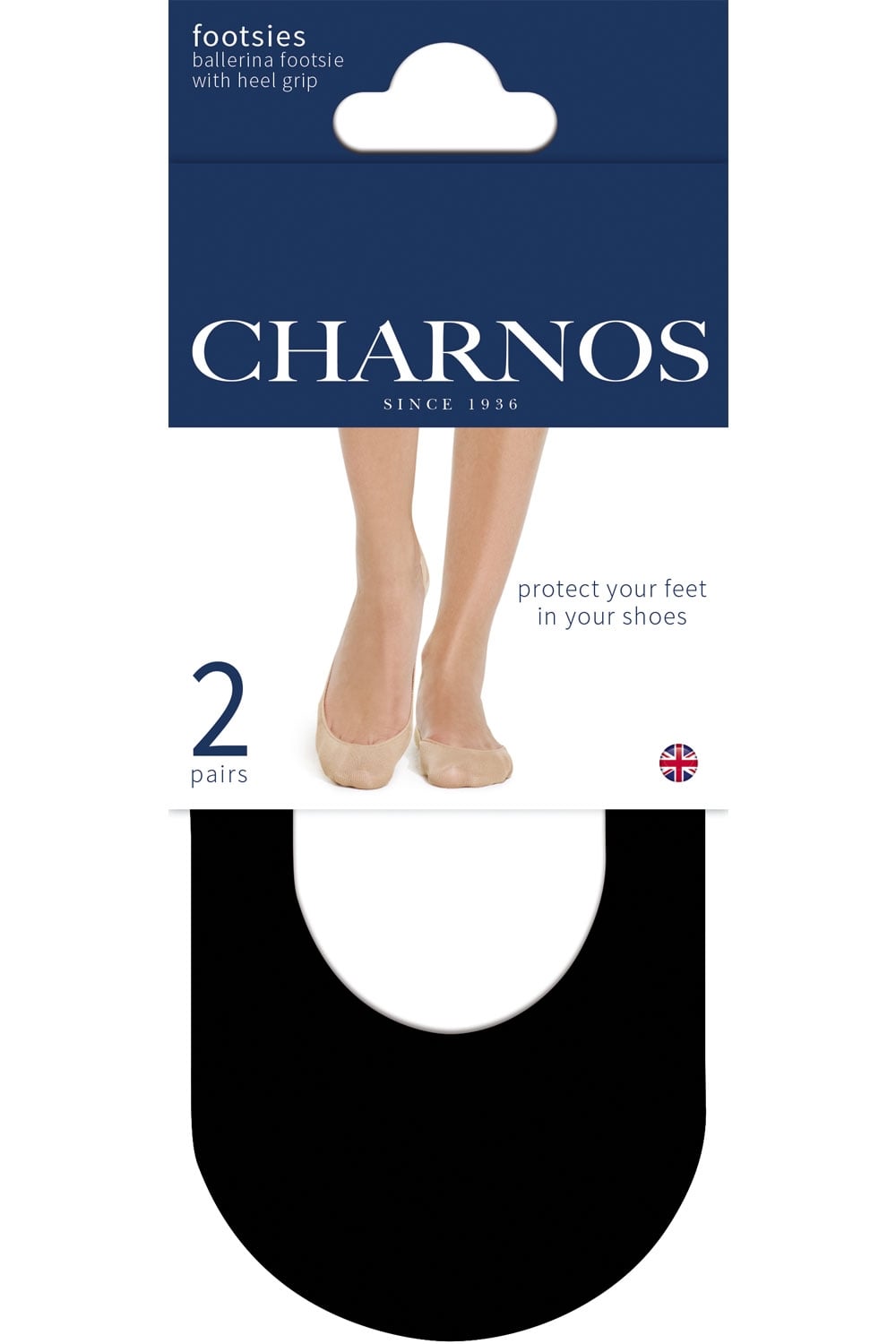 Charnos footsie packaging with a pair of feet wearing the product.