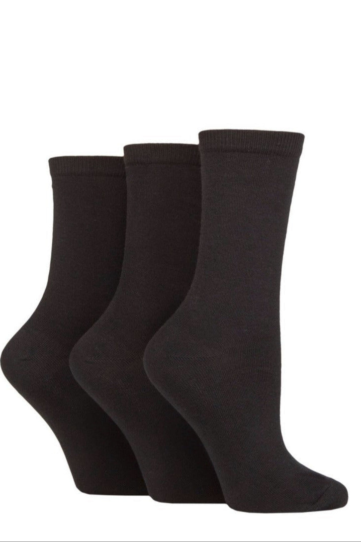 Three pairs of black socks on a white background