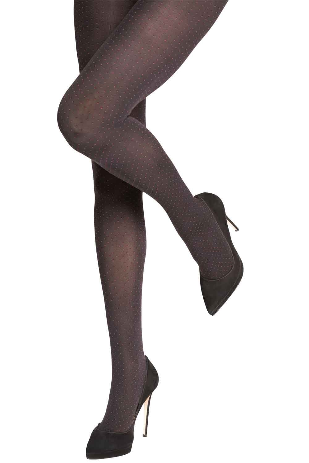 Black/Berry opaque two tone spot  tights worn with black high-heeled shoes on a white background