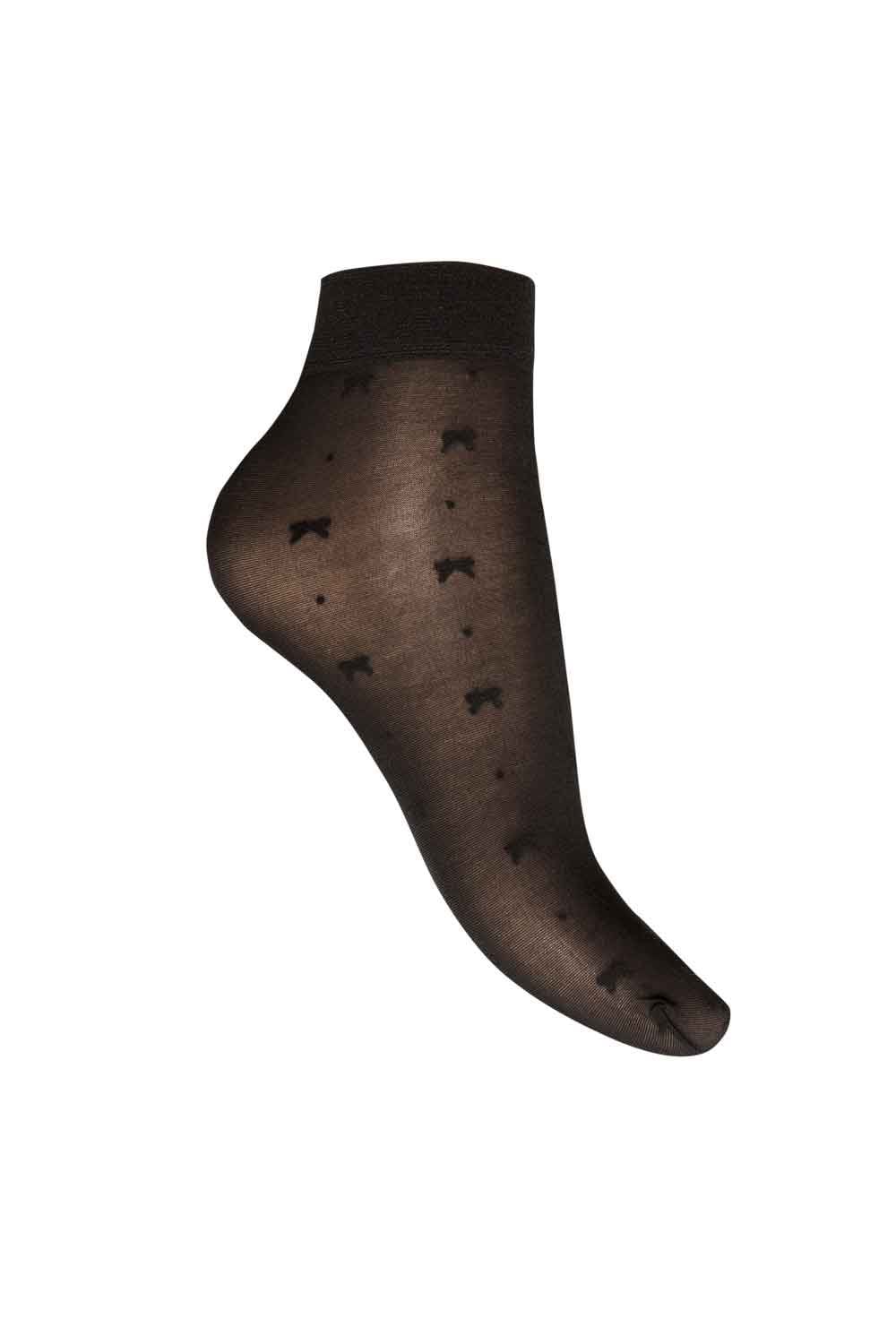 Black sheer sock with small bow and spot  patterns on a white background