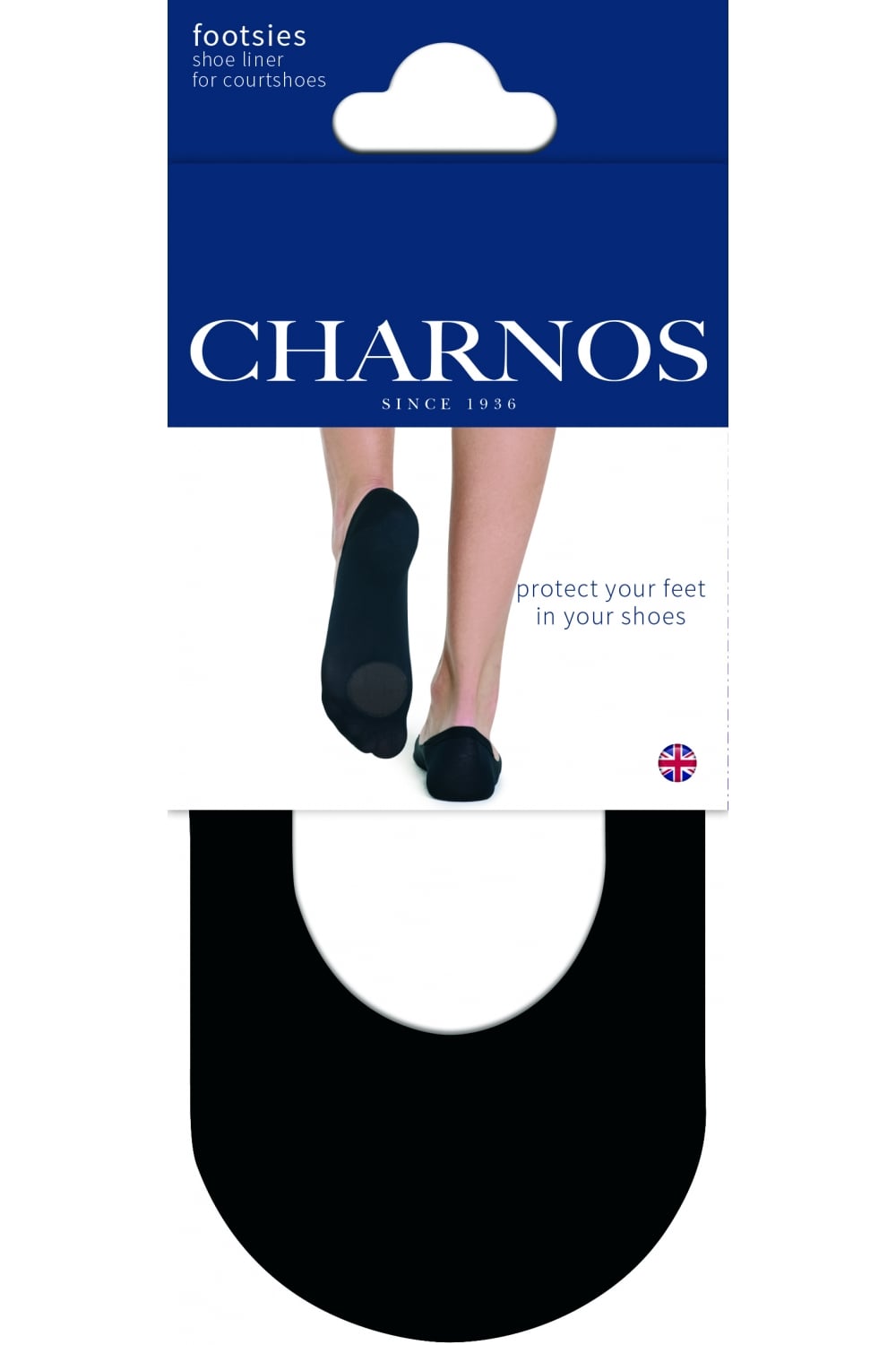 Charnos footsies packaging with  shoe inserts on a white background