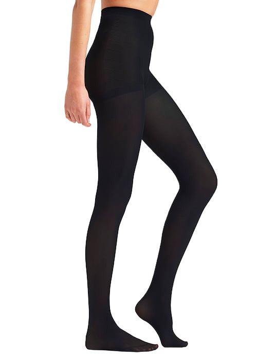 Black eco opaqe shaper tights worn by a model on a white background