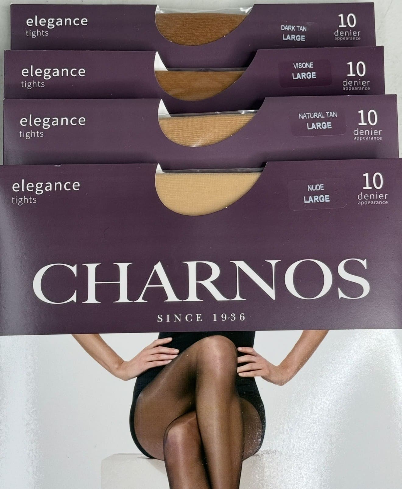 Charnos tights packaging with a model wearing the tights.