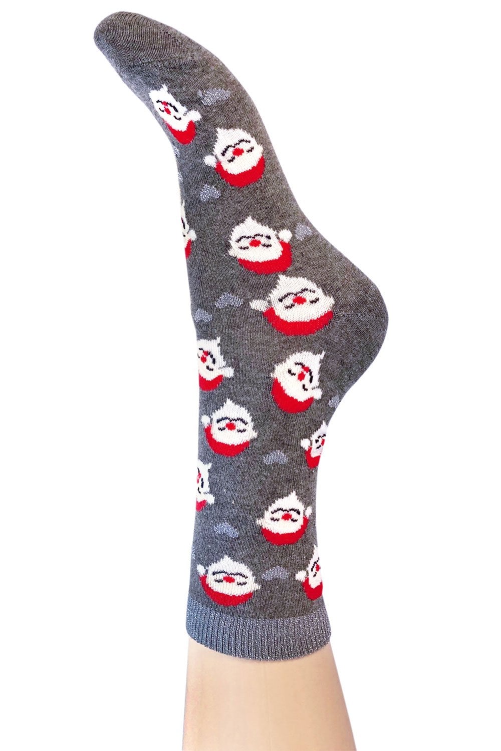 Gray sock with Santa Claus pattern on a white background