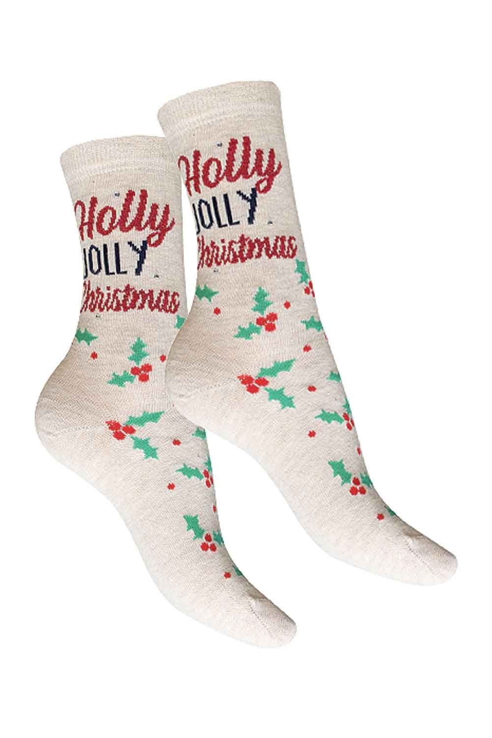 Pair of socks with 'Holly Jolly Christmas' text and holly berry pattern on a white background