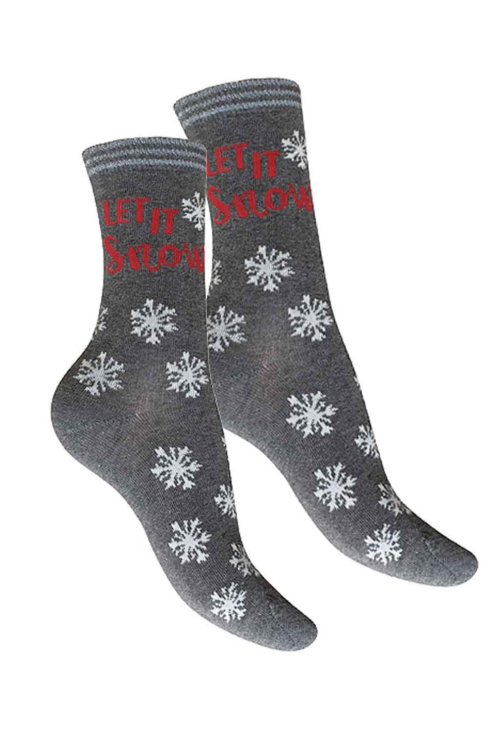 Gray socks with snowflake pattern and red let it snow text on a white background
