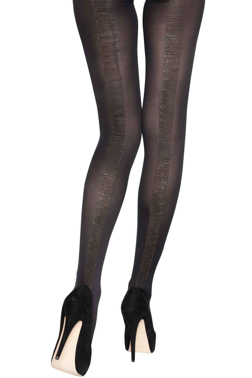Black/Gold backseam tights worn with black high-heeled shoes on a white background