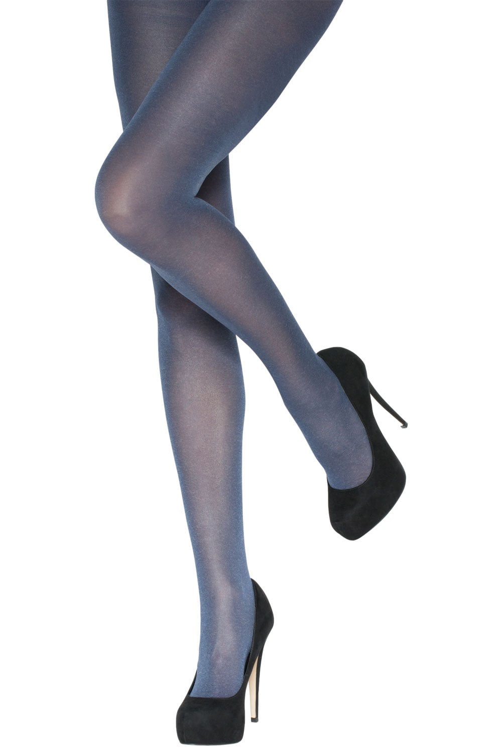 Navy marl opaque tights worn by a person with black high-heeled shoes on a white background