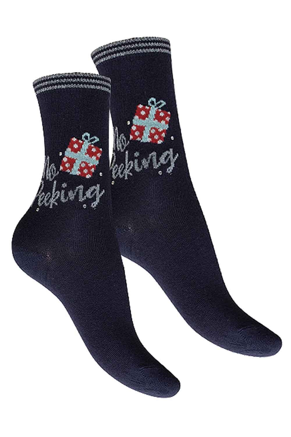 Navy blue socks with red and white gift box designs and  no peeking text on a white background