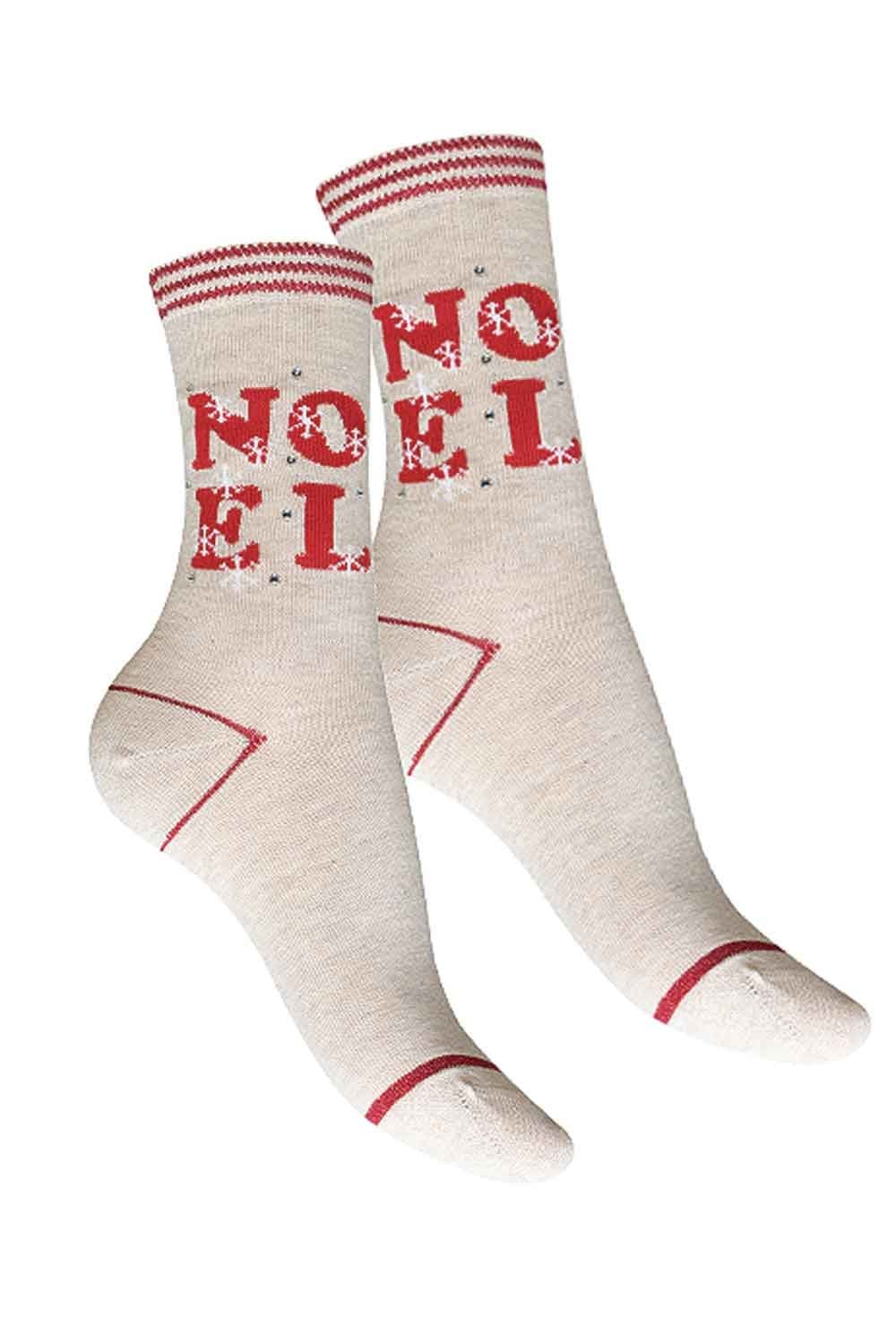 Pair of socks with red  noel text and patterns on a white background