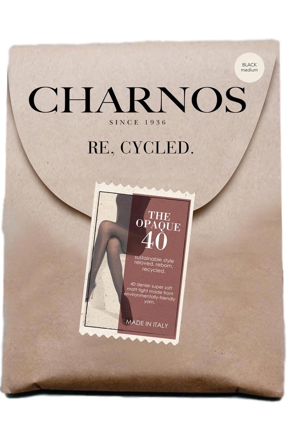 Charnos recycled 40 opaque  tights   packaging with a beige background