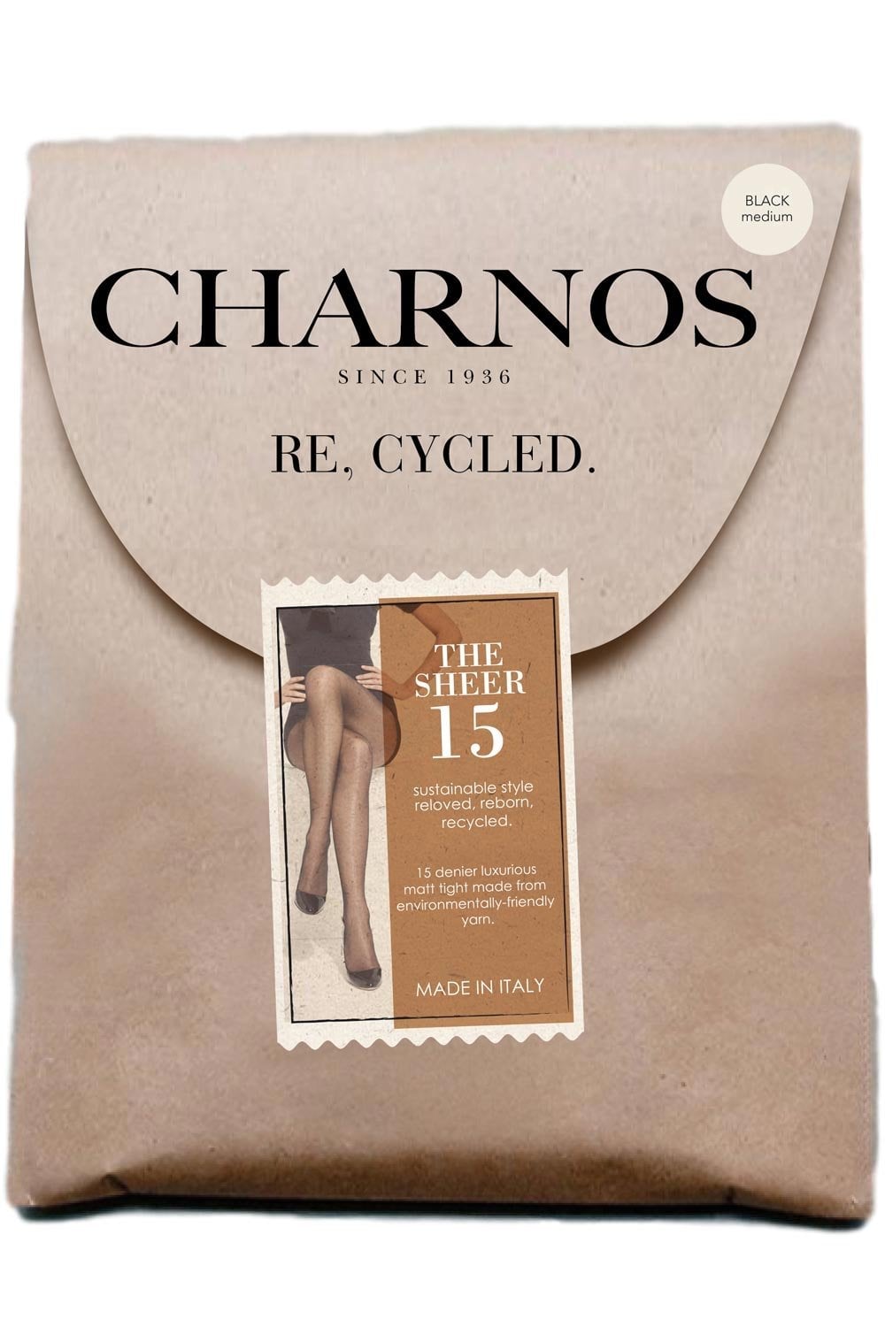 Charnos recycled sheer tights packaging on a white background