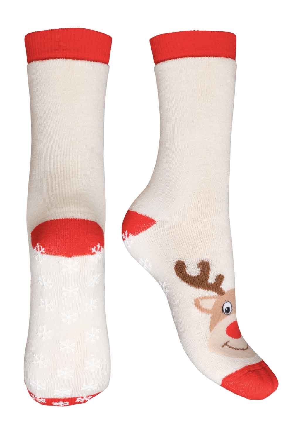 Cream  socks with red accents and a reindeer design on a white background