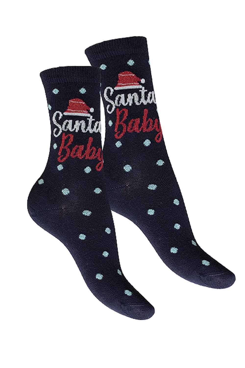 Navy socks with 'Santa Baby' text and blue polka dots on a white background