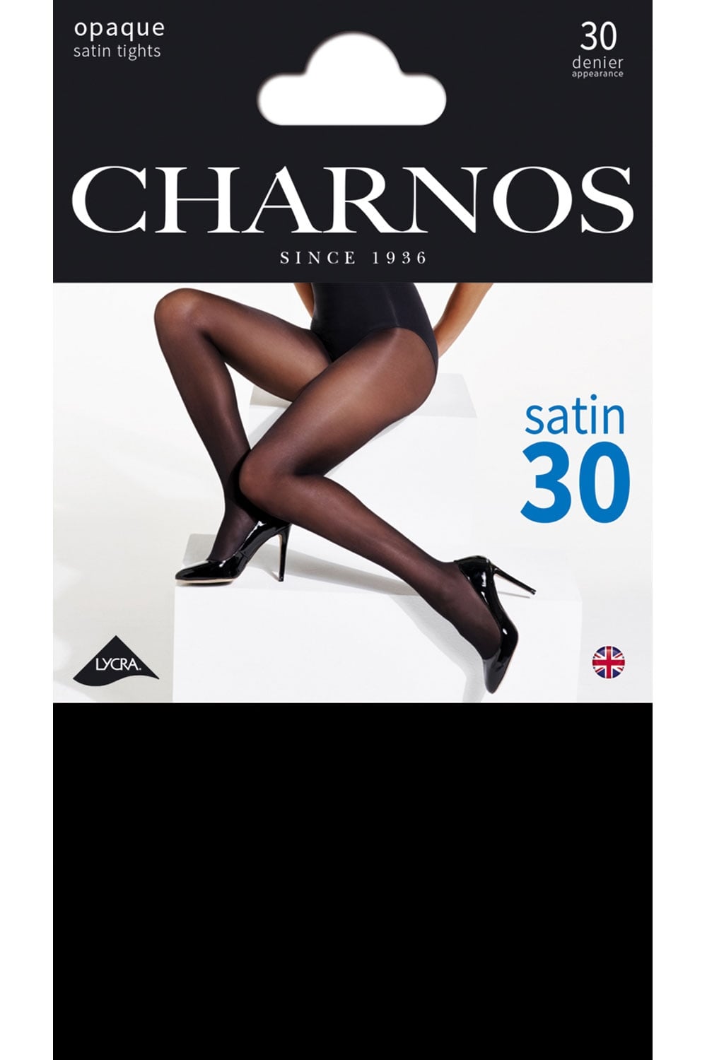 Charnos satin tights packaging with a model wearing the tights.
