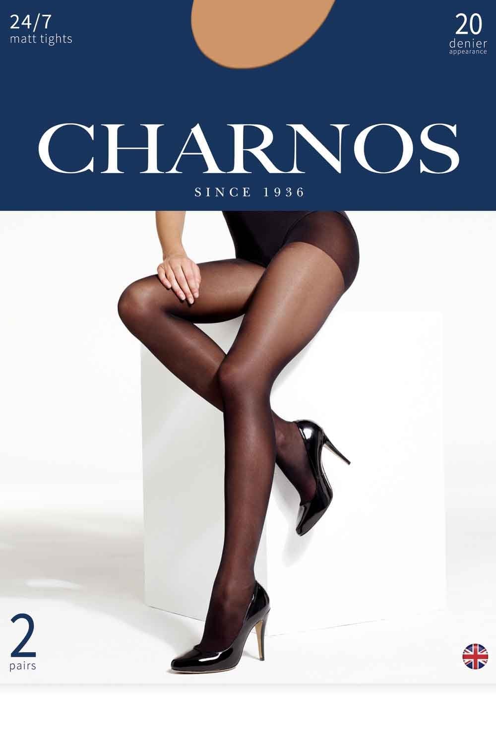 Charnos tights packaging with a model wearing black tights and shoes.