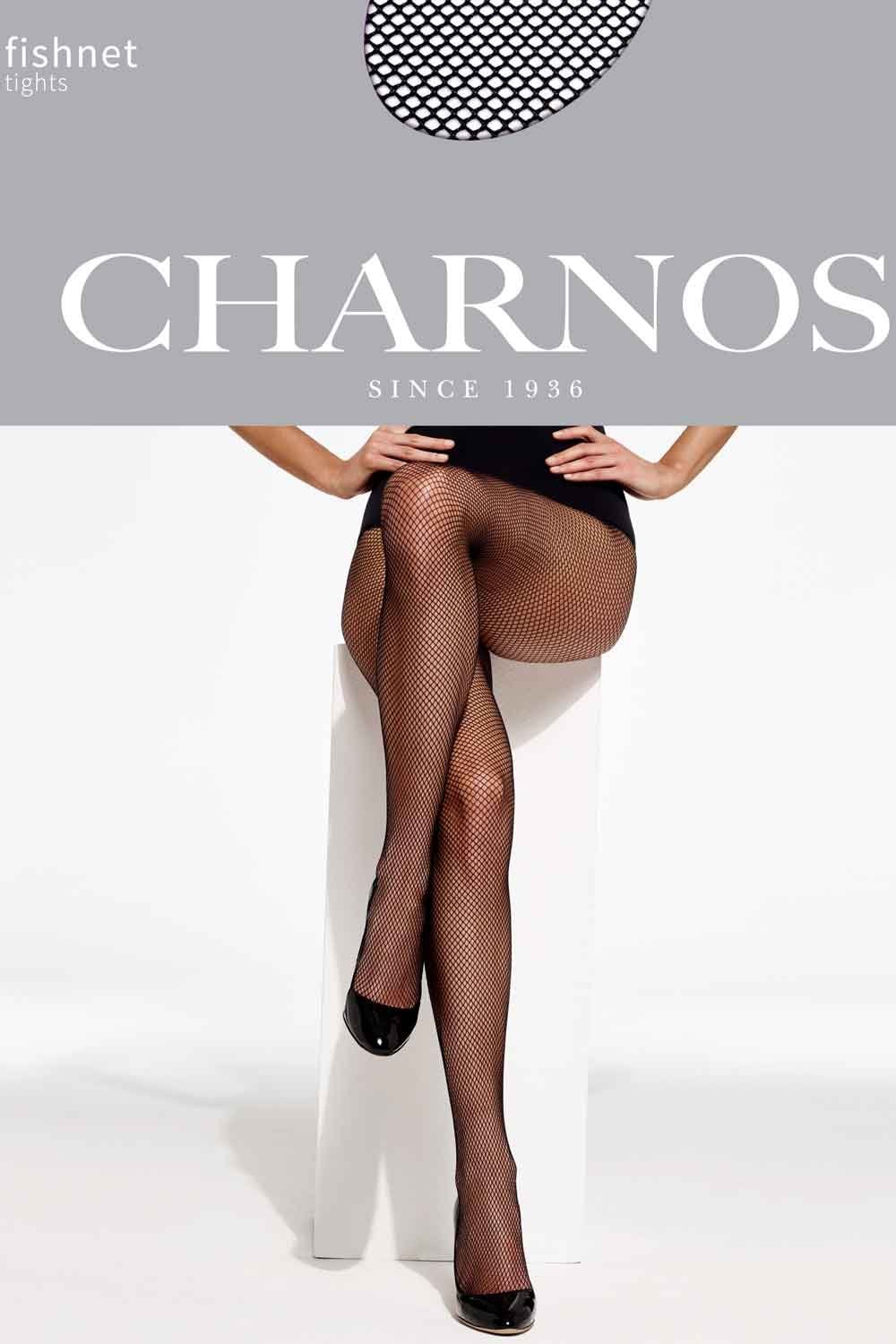 Person wearing fishnet tights by Charnos on a white background