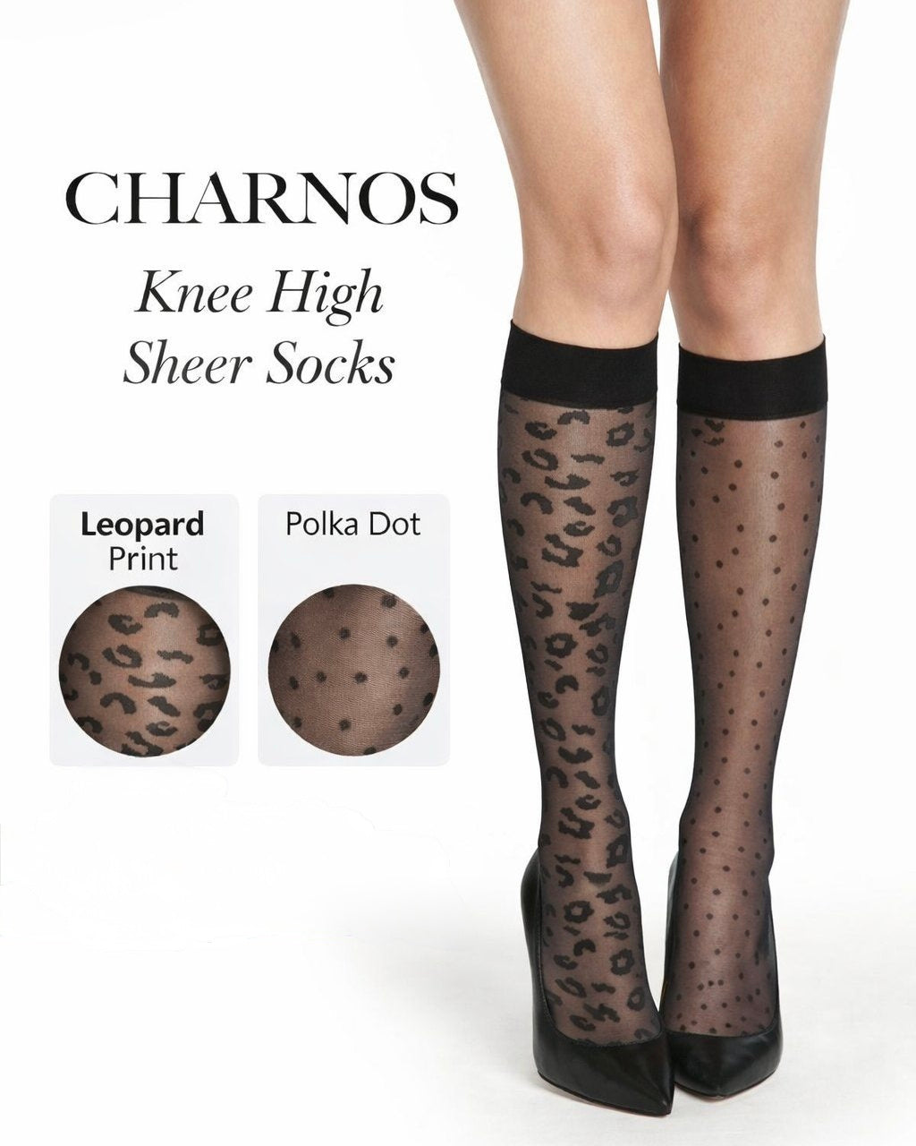 Charnos leopard print and spot knee highs, model wearing a style on each leg