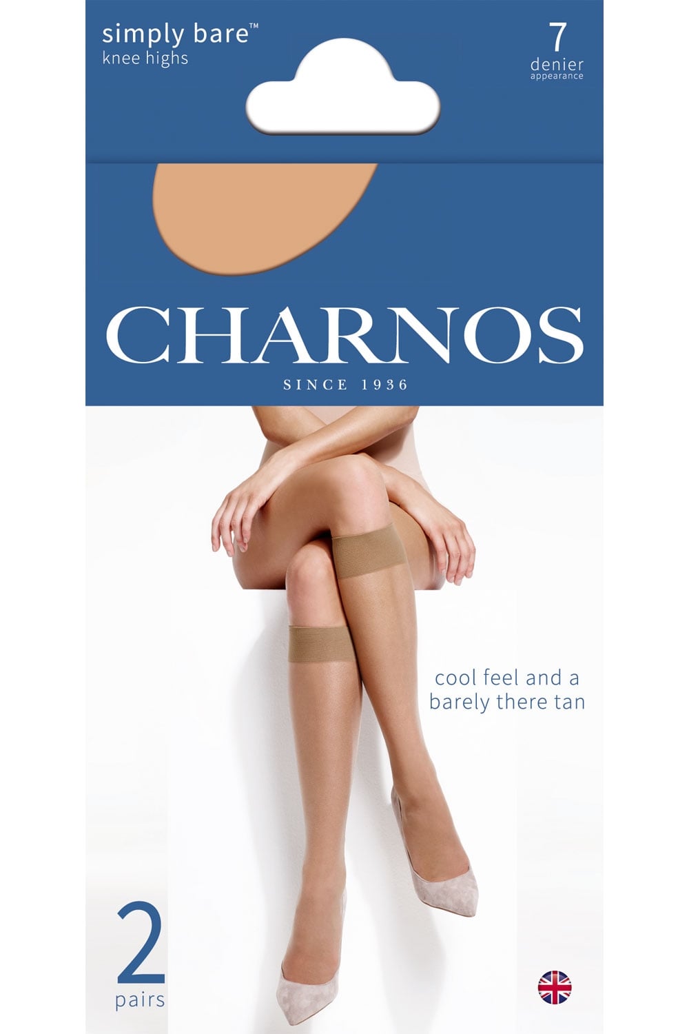 Charnos knee highs packaging with a model wearing the simply bare 7 denier knee highs on a white background