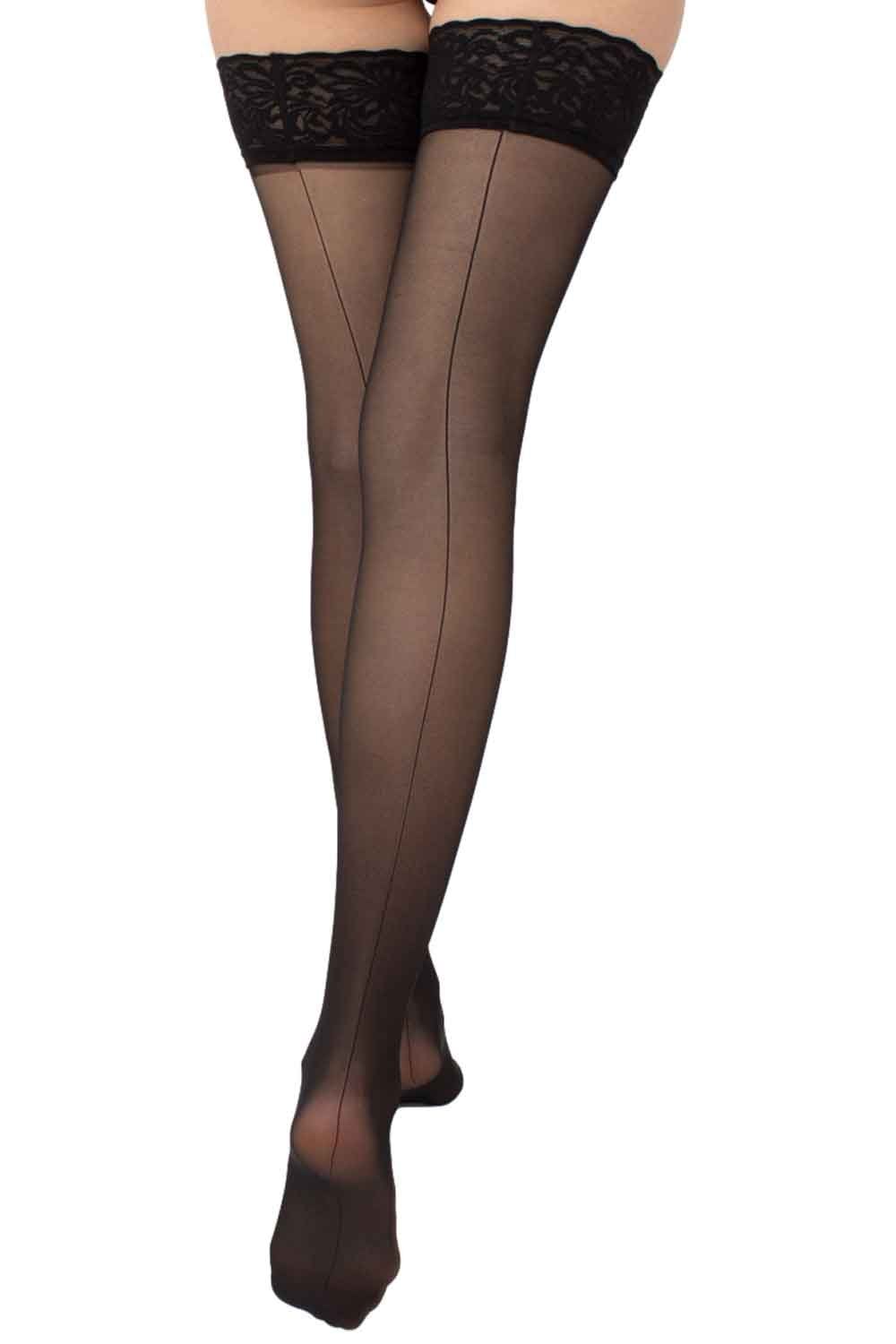 Black  backseam lace top hold ups on a white background