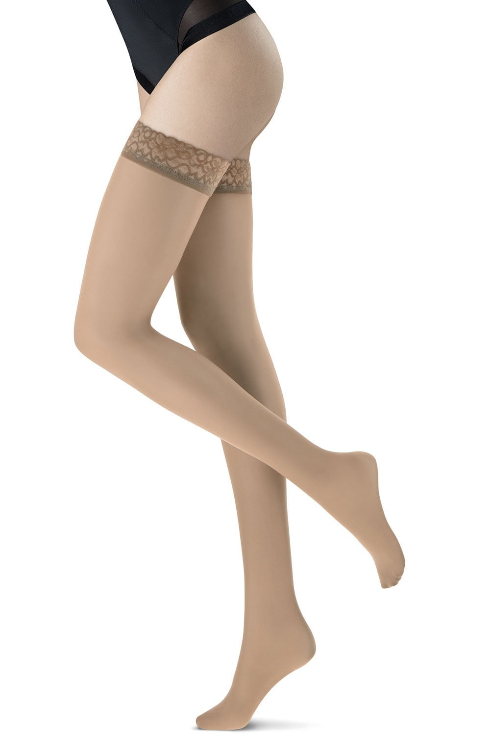 Beige 30 denier hold ups with lace top on a white background