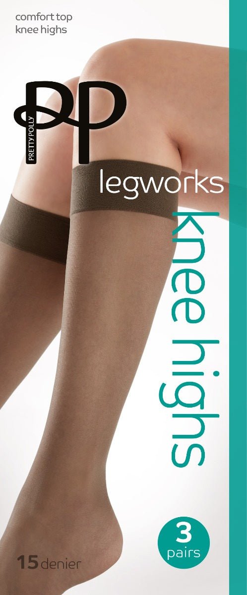 Legworks knee highs packaging with a person wearing barley black knee-highs on a white background.
