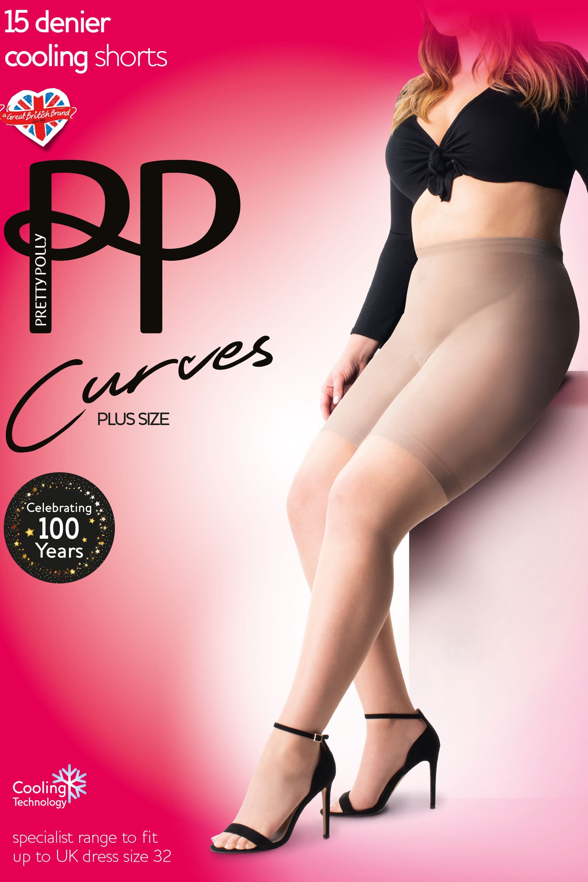 Woman wearing nude  cooling shorts with Pretty Polly branding on a pink background