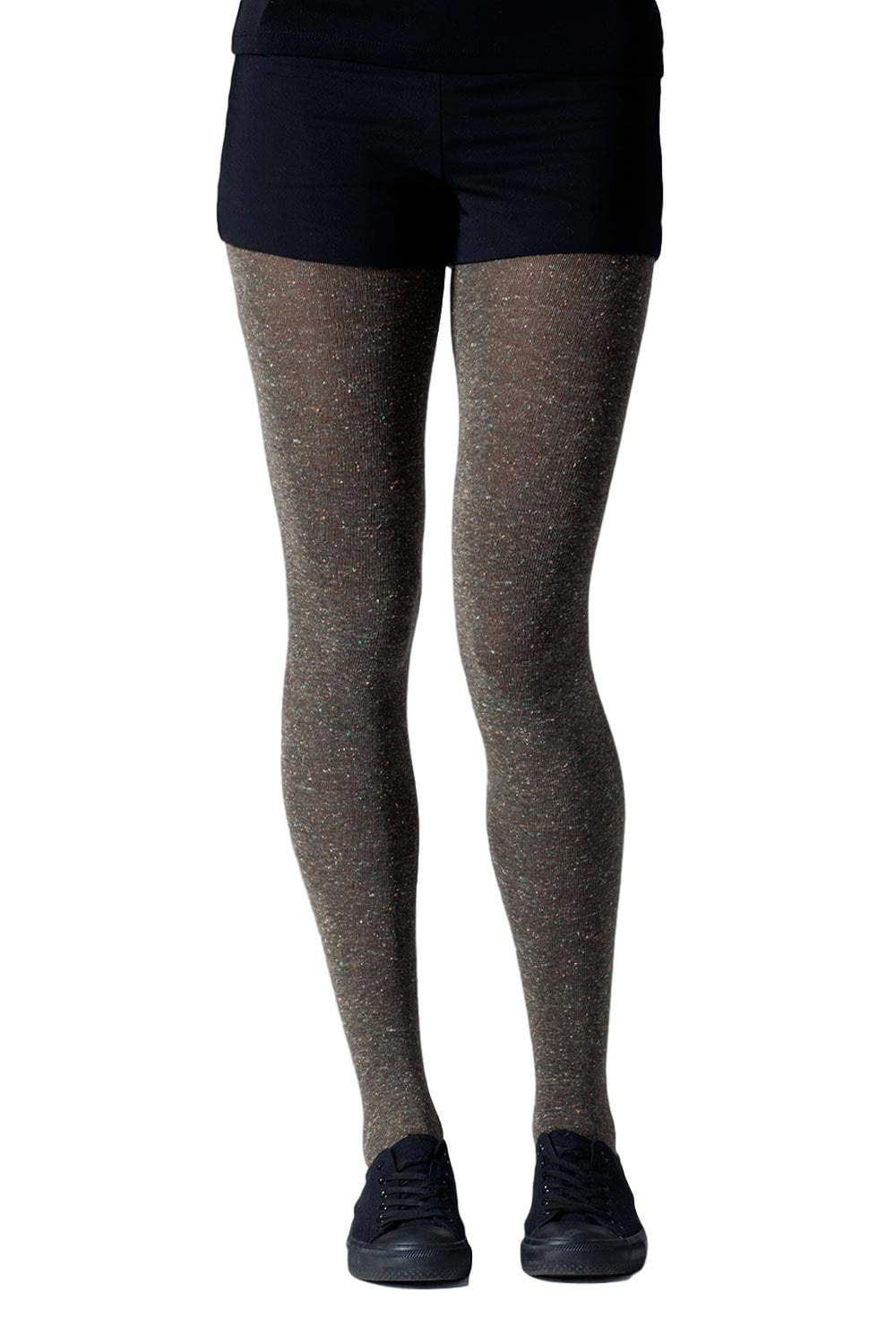 Model wearing mocca coloured tights with a speckled pattern on a white background