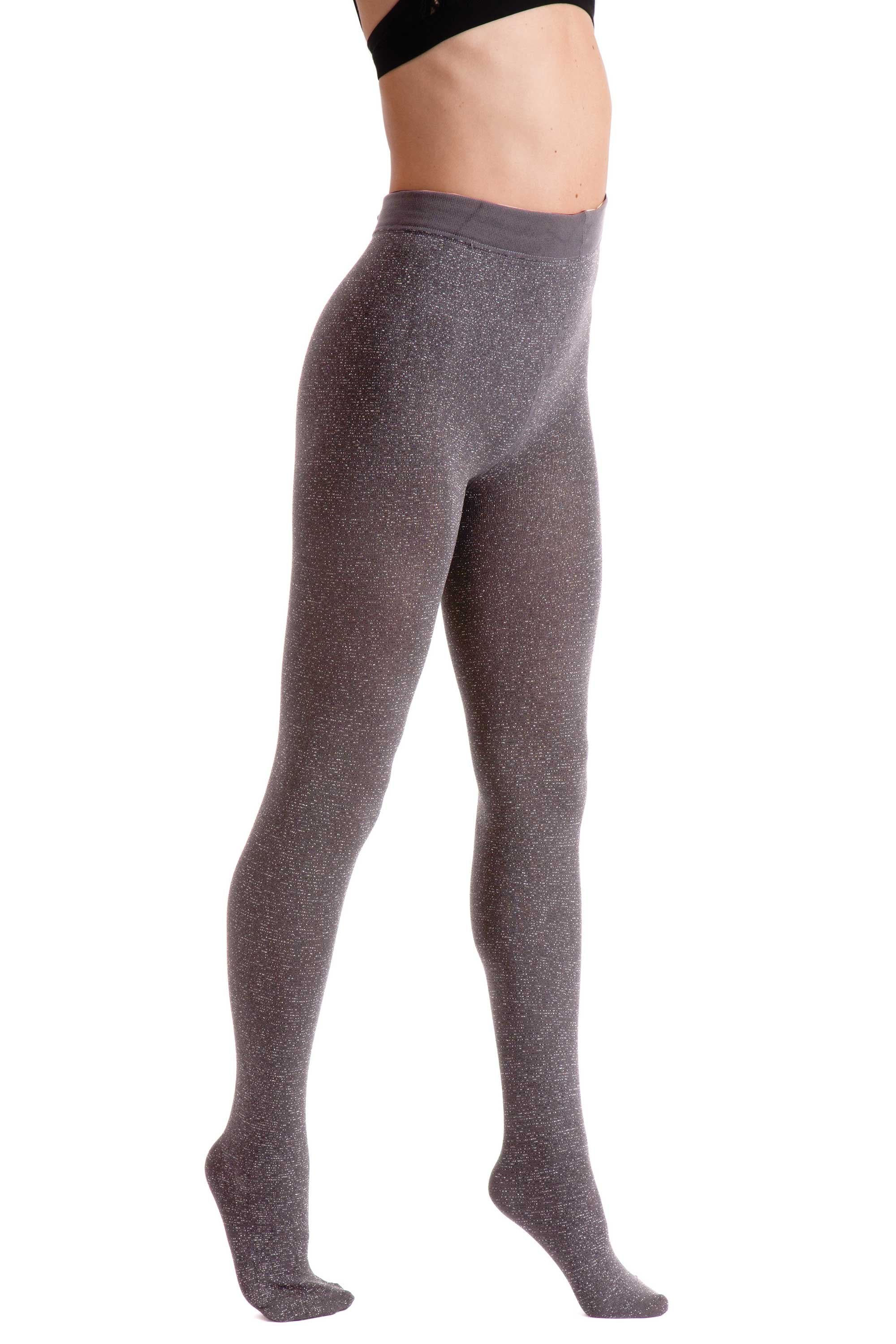 Gray fleece tights worn by a person on a white background