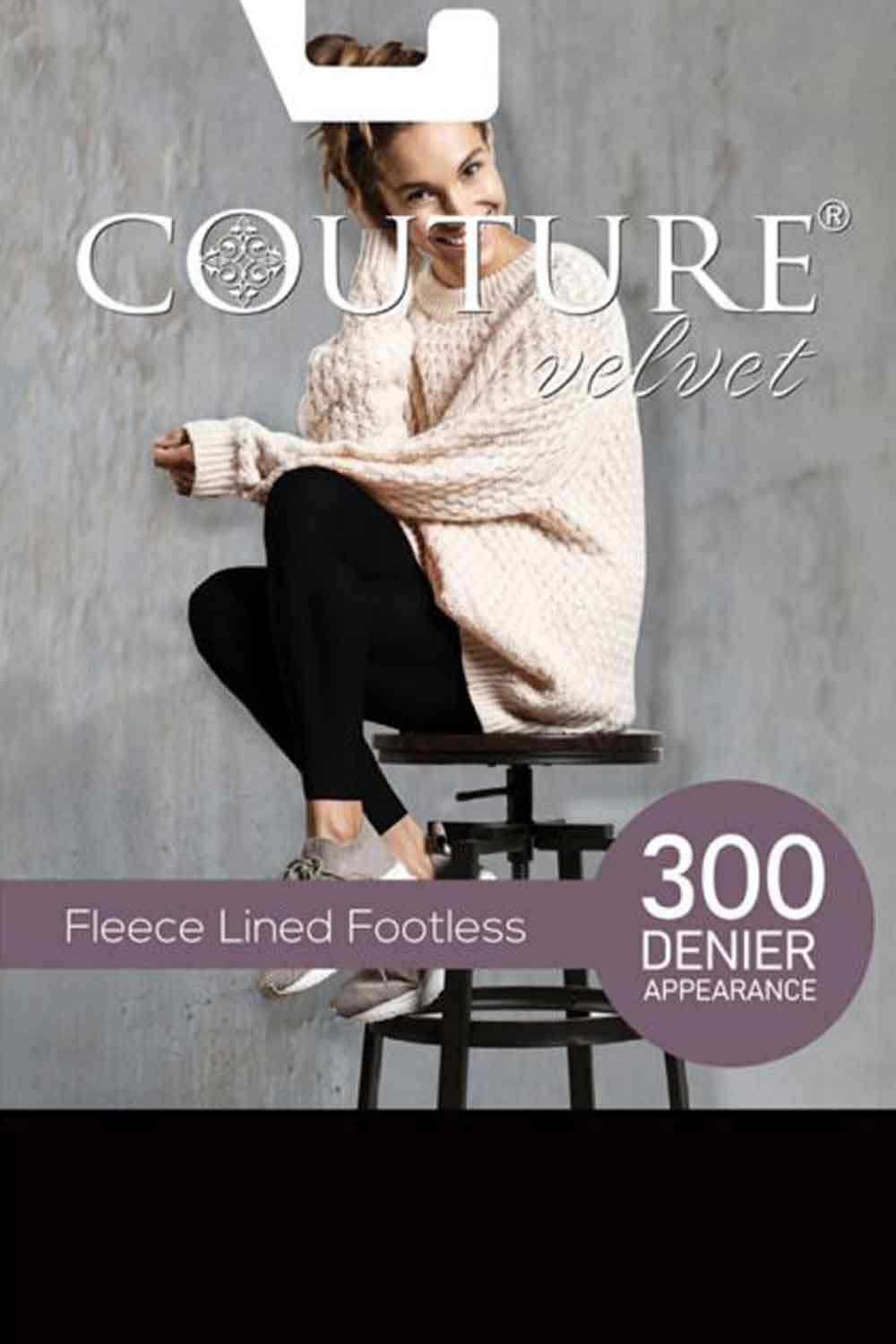 Woman sitting on a stool wearing a white sweater and black footless tights  with 'Couture Velvet' branding.
