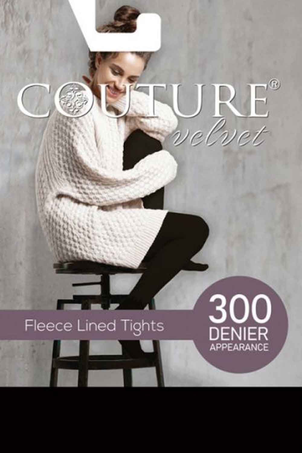 Model wearing Couture velvet fleece lined tights with product details on a gray background