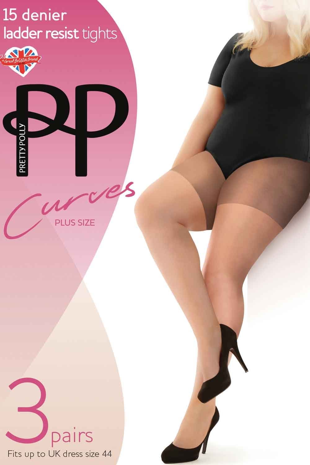 Pretty Polly Curves plus size tights packaging with a model wearing the tights.
