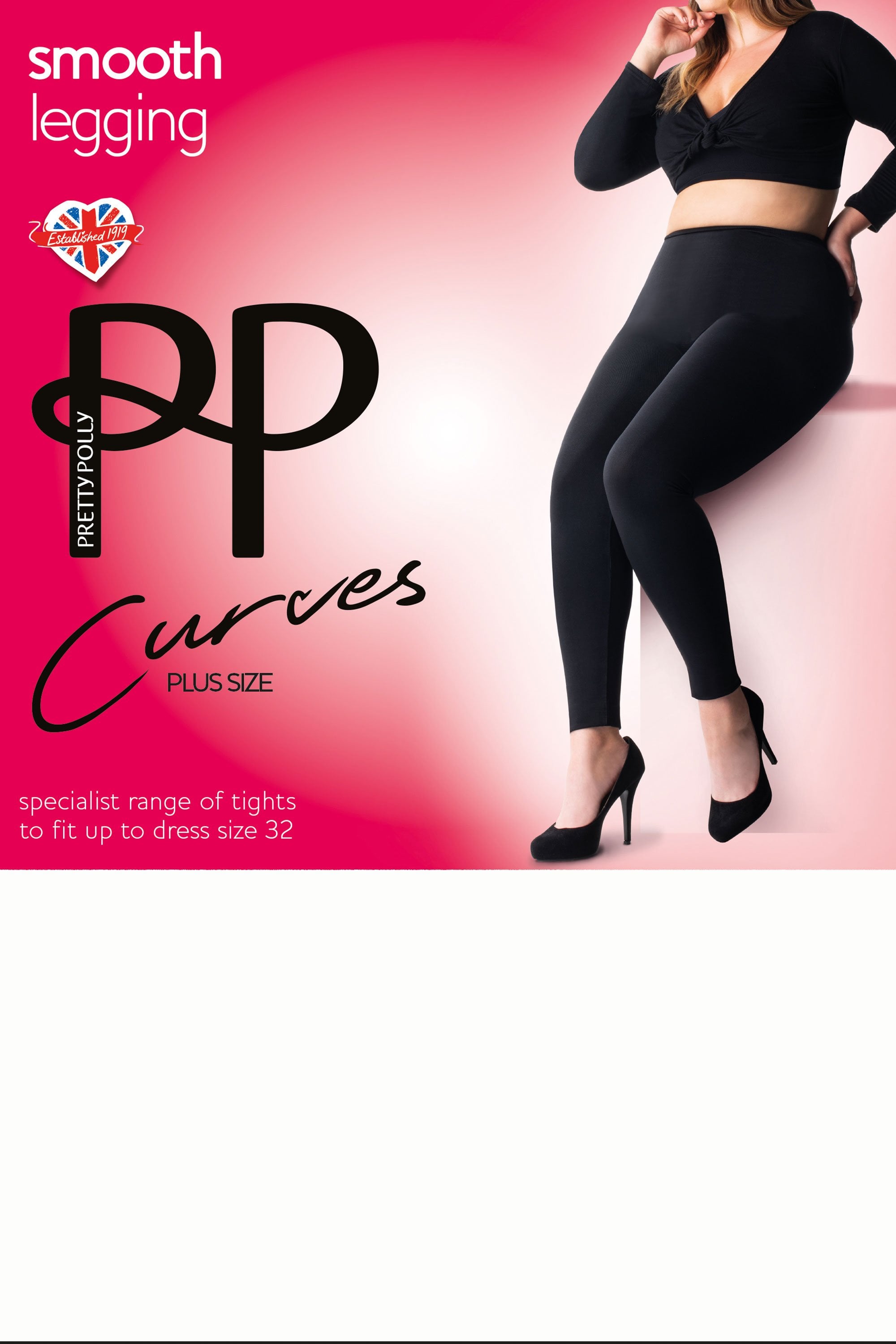 Advertisement for Pretty Polly Curves plus size smooth legging with a model wearing the leggings on a pink background.