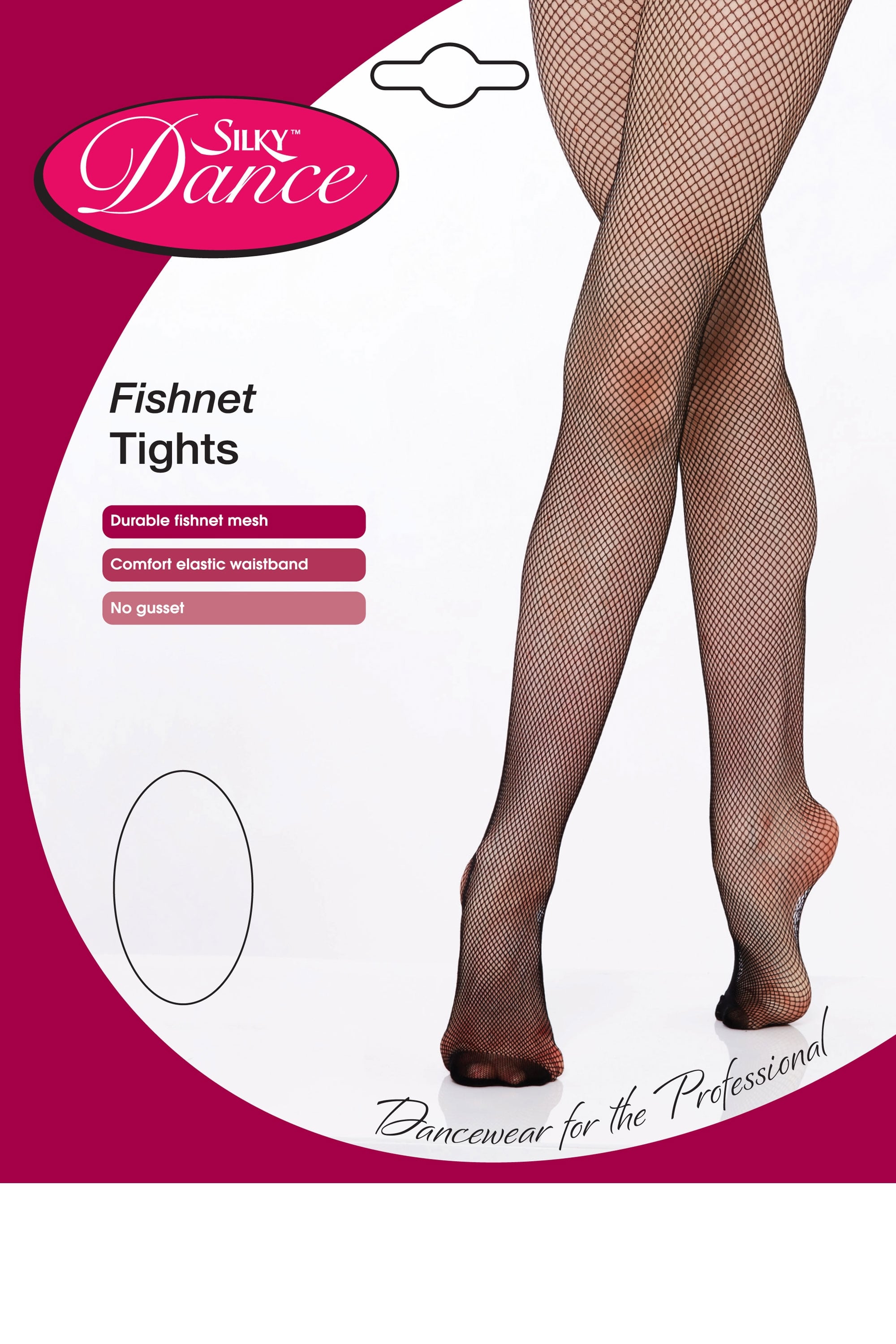 Silky Dance fishnet tights packaging with a person wearing the tights.